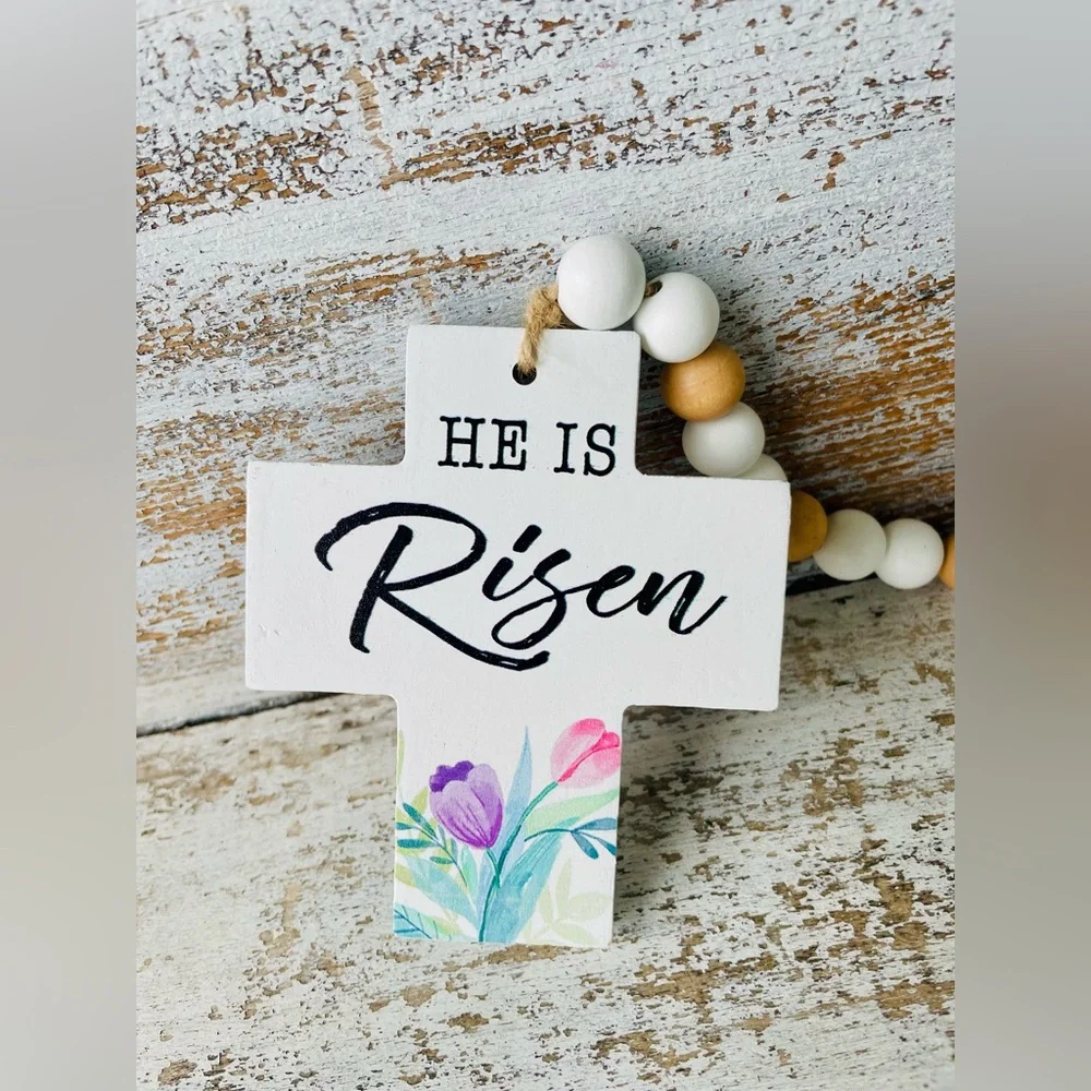 *He Is Risen Wooden Bead Garland w/Cross